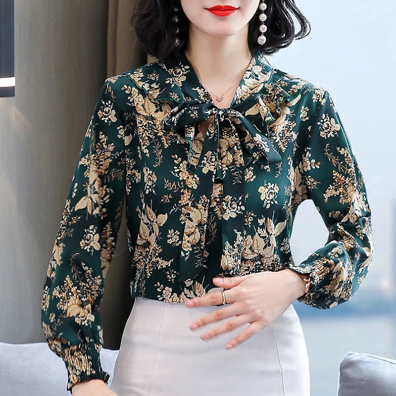 Women Vintage Floral Print Bow Lace Up Blouse Spring Autumn Elegant Fashion Chiffon Shirts Casual V Neck Long Sleeve Tops Female