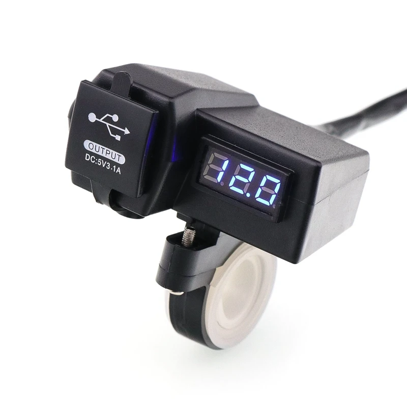 Waterproof Motorcycle 5V 3.1A Dual USB Charger & Blue Voltage Display Voltmeter For 7/8 And 1Inch Handlebar Mounting