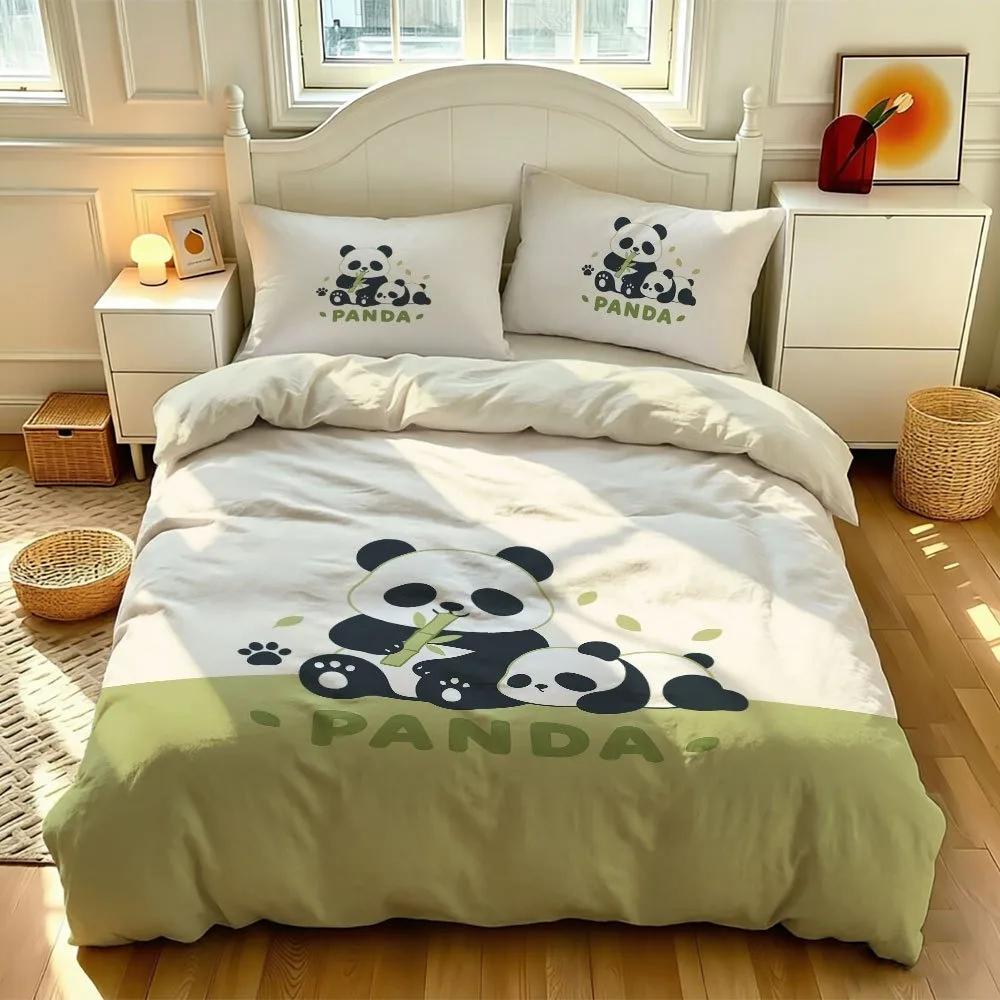 Cute Cartoon Panda Family Print Bedding Set Green Splicing Duvet Cover Set Pillowcase Kids Bedroom Bed Linen