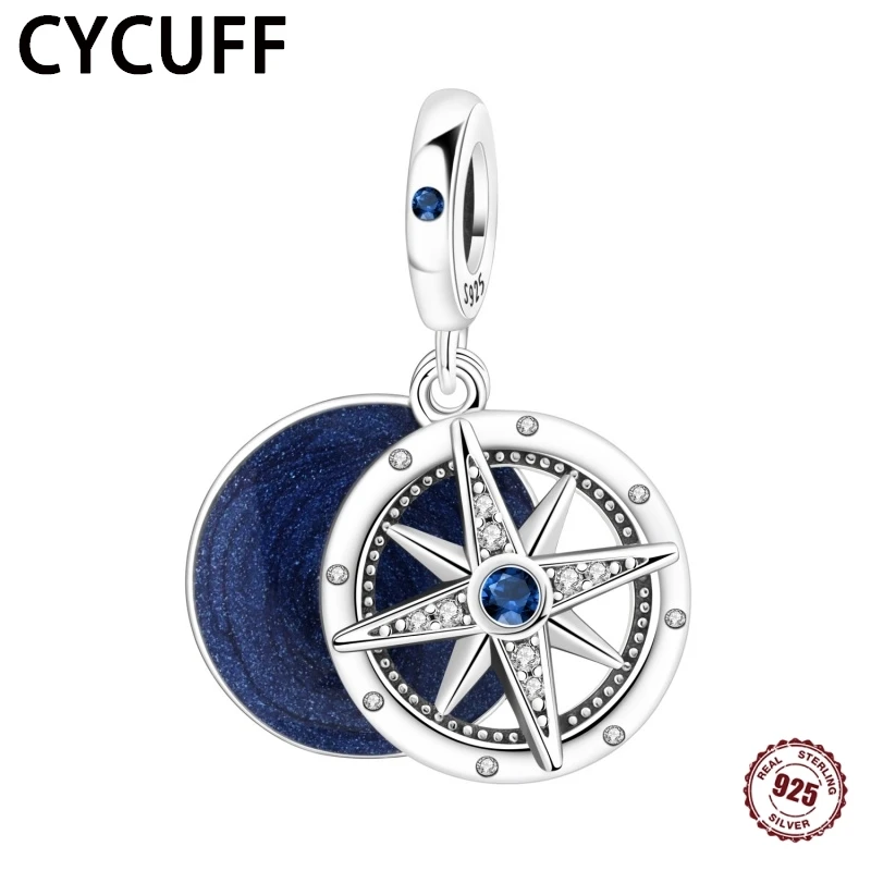 

New 925 Sterling Silver Sparkling Zircon Blue compass pendant Charms Beads Fit Pan Original Bracelet Necklaces DIY Women Jewelry