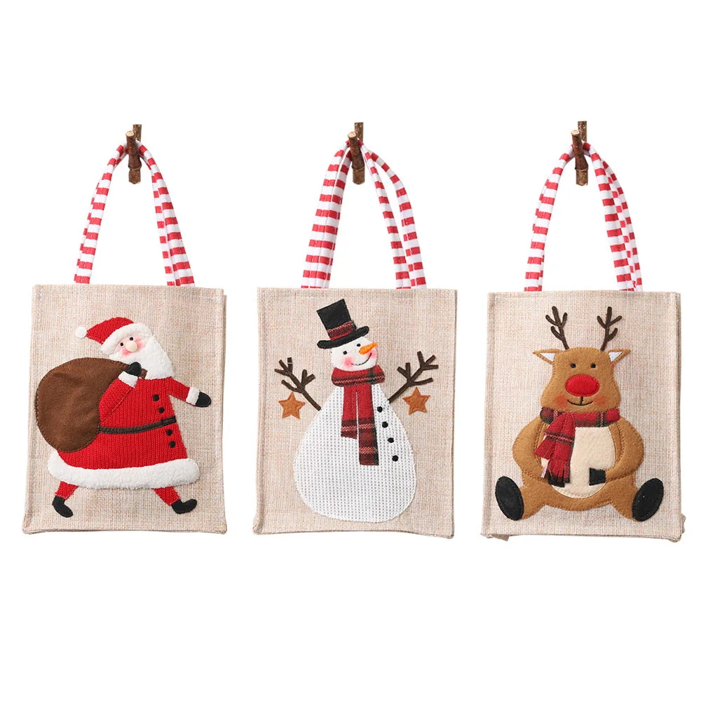 Handmade Burlap Christmas Hanging Decorations Embroidered Present Bags For Candy Storage Reusable Cloth Tote For Holiday Decor