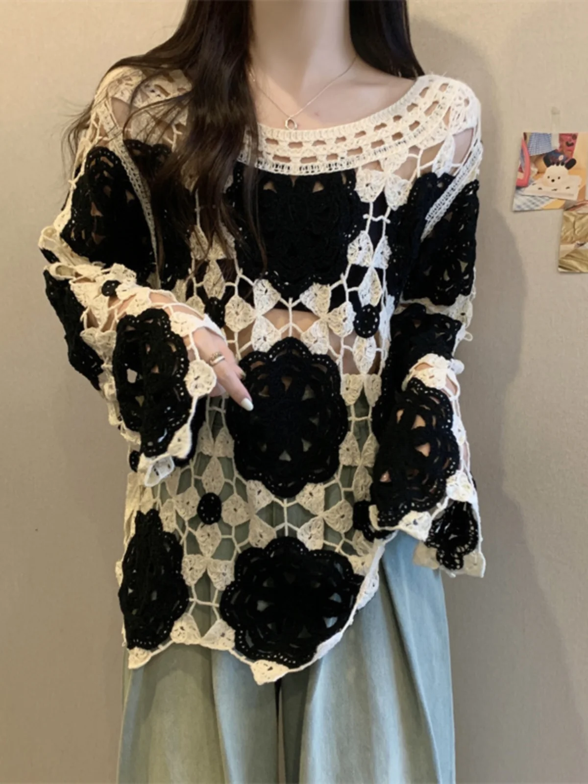 

Women's Knitted Hollow out Hook Flower Top plus Size Cover Stomach mid Length Outerwear Sun Protection Shirt Spring New Style