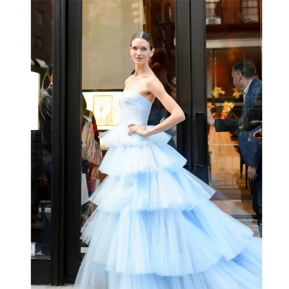 

Pretty Light Blue Tulle Women Party Prom Dress Floor Length Luxury A-Line Strapless Sleeveless Dreamy فساتين حفلة موسيقية