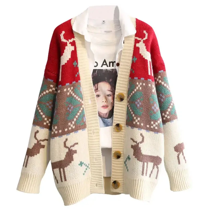 Women's Christmas Deer Cardigan Crop Sweater Coat Red Knitting 2023 New Korean Clothes Loose New Year Retro Sweater Tops For Wom