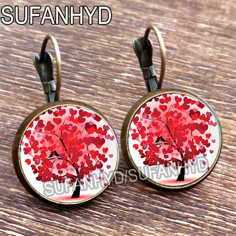 Colorful Tree Stud Earring for Women Vintage Bronze Color Leaf Glass Cabochon Tree of Life Earrings Jewelry