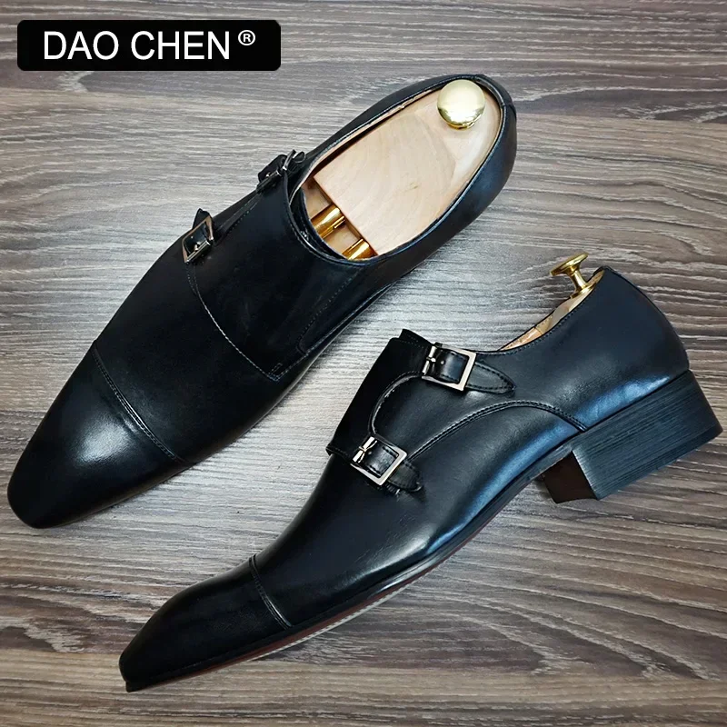 Chaussures de moine en cuir véritable pour hommes, mocassins astro, boucle noire et marron, chaussures provoqué pour hommes, chaussures de mariage