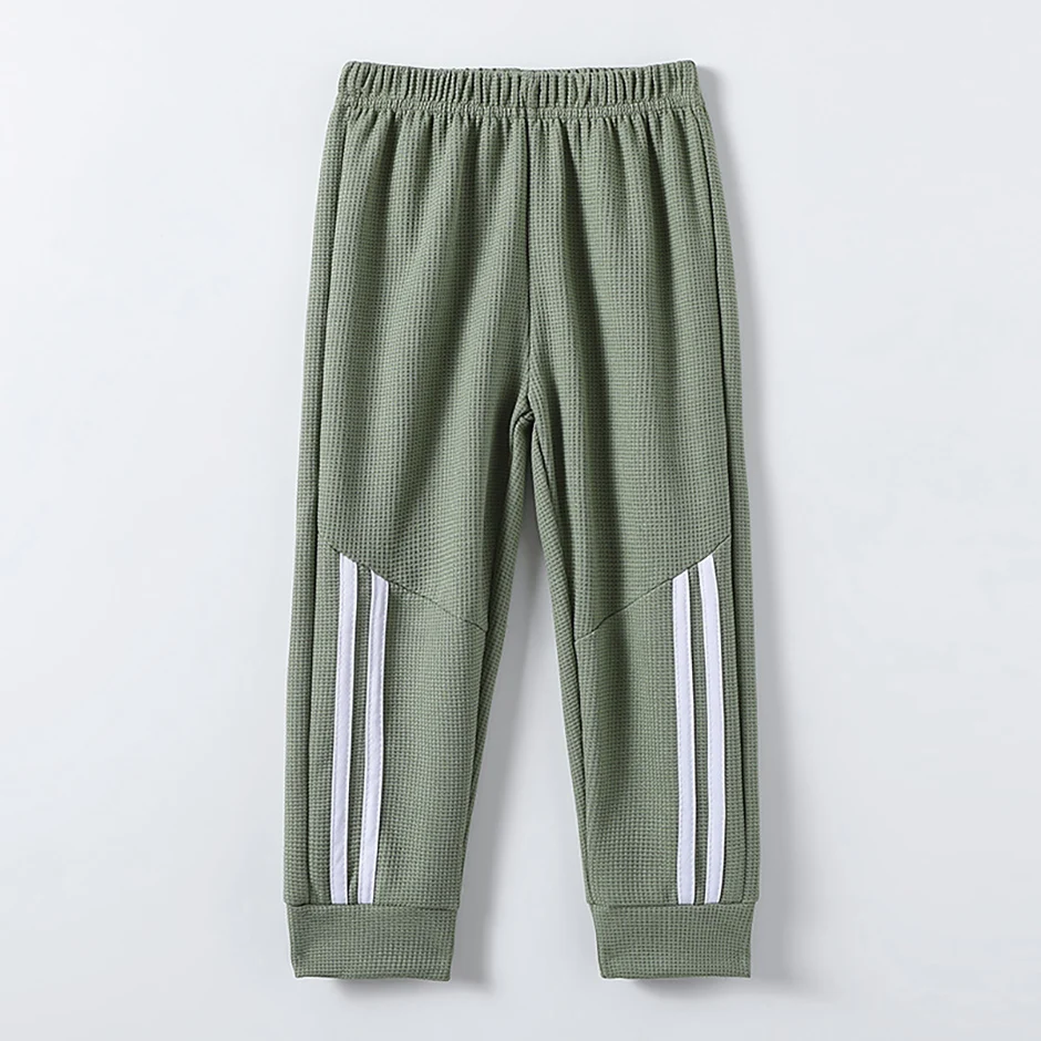 3-teilige Herbst-Kinderhose, einfarbig mit Seitenstreifen, mehrfarbig, modische Waffelstoffhose, lässig, für den täglichen Gebrauch, sportlich, bequem – Detail 2