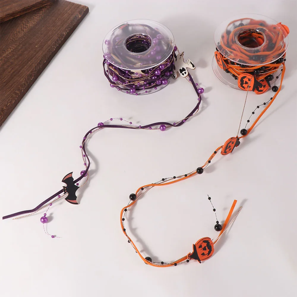 

Pumpkin Halloween Decorative Ribbon Ghost Beads Halloween Packaging Gift Box Ribbon Wooden Handmade DIY Ribbon Strips