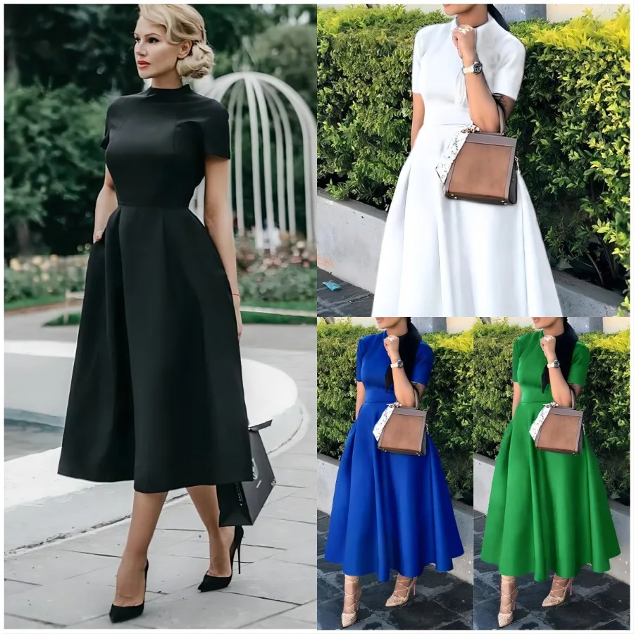 

【New style】2026 wish European and American women's dress round collar short-sleeved temperament waist slimming big swing party