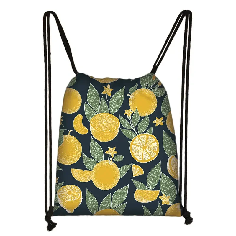 Cartoon Avocado Lemon Fruits Print Drawstring Bag Women Backpacks for Travel Storage Bag Daypack Book Bags Shoes Holder Gift