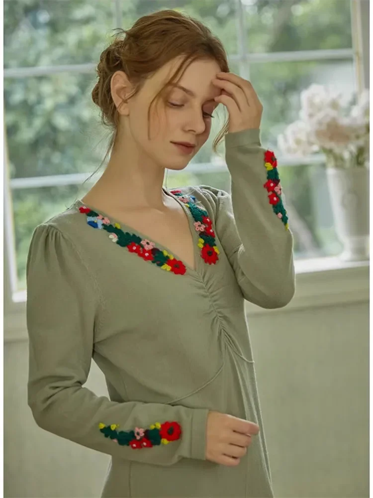 

AIGYPTOS Fall Winter Knitted Wool Dress Women Elegant Slim Sexy V-Neck Handmade Flower Embroidery Dress Vintage Mori Girls Dress