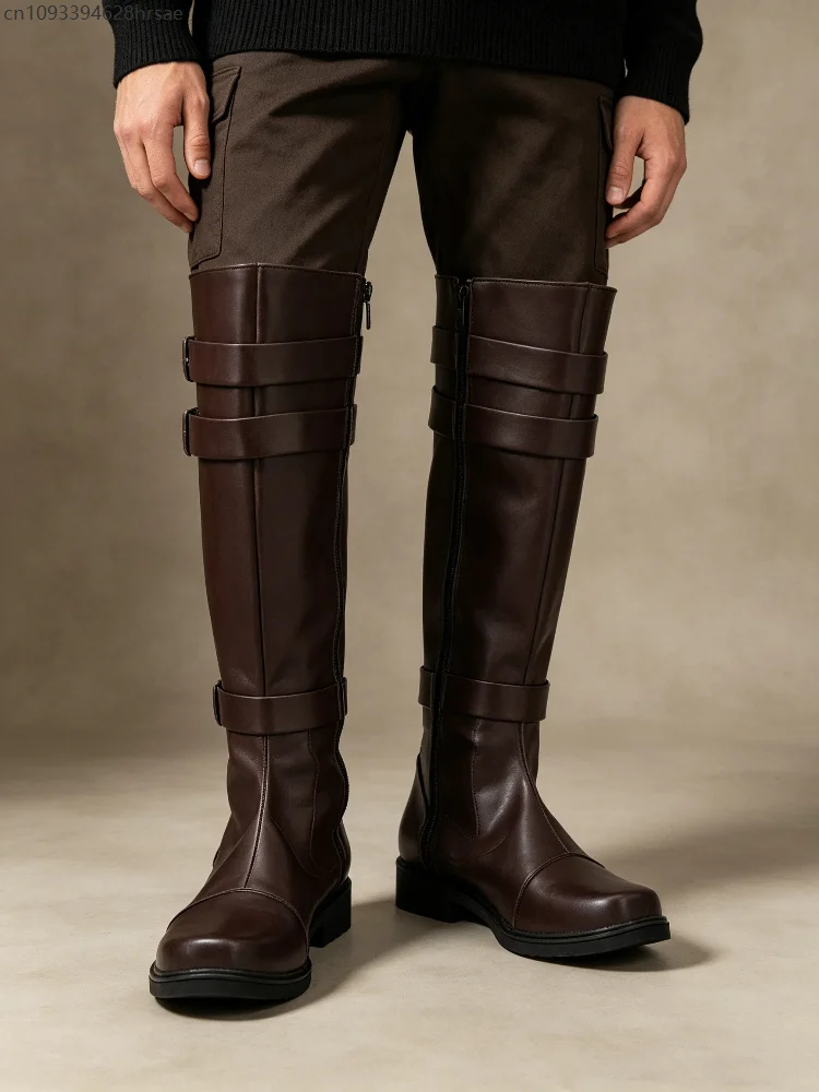 

Men Vintage Brown High Boots Side Zipper PU Leather Motorcycle Riding Boots Gothic Knight Cosplay Black Long Footwear