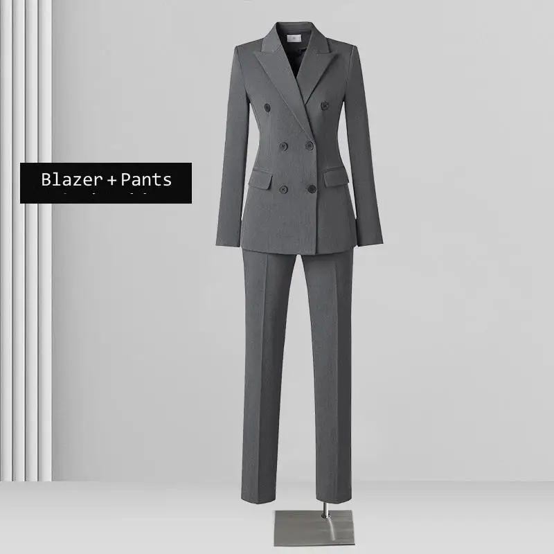 Conjunto de 2 piezas para mujer, traje gris con doble botonadura, traje profesional de temperamento, diosa, abanico, elegante, moda de Hotel,