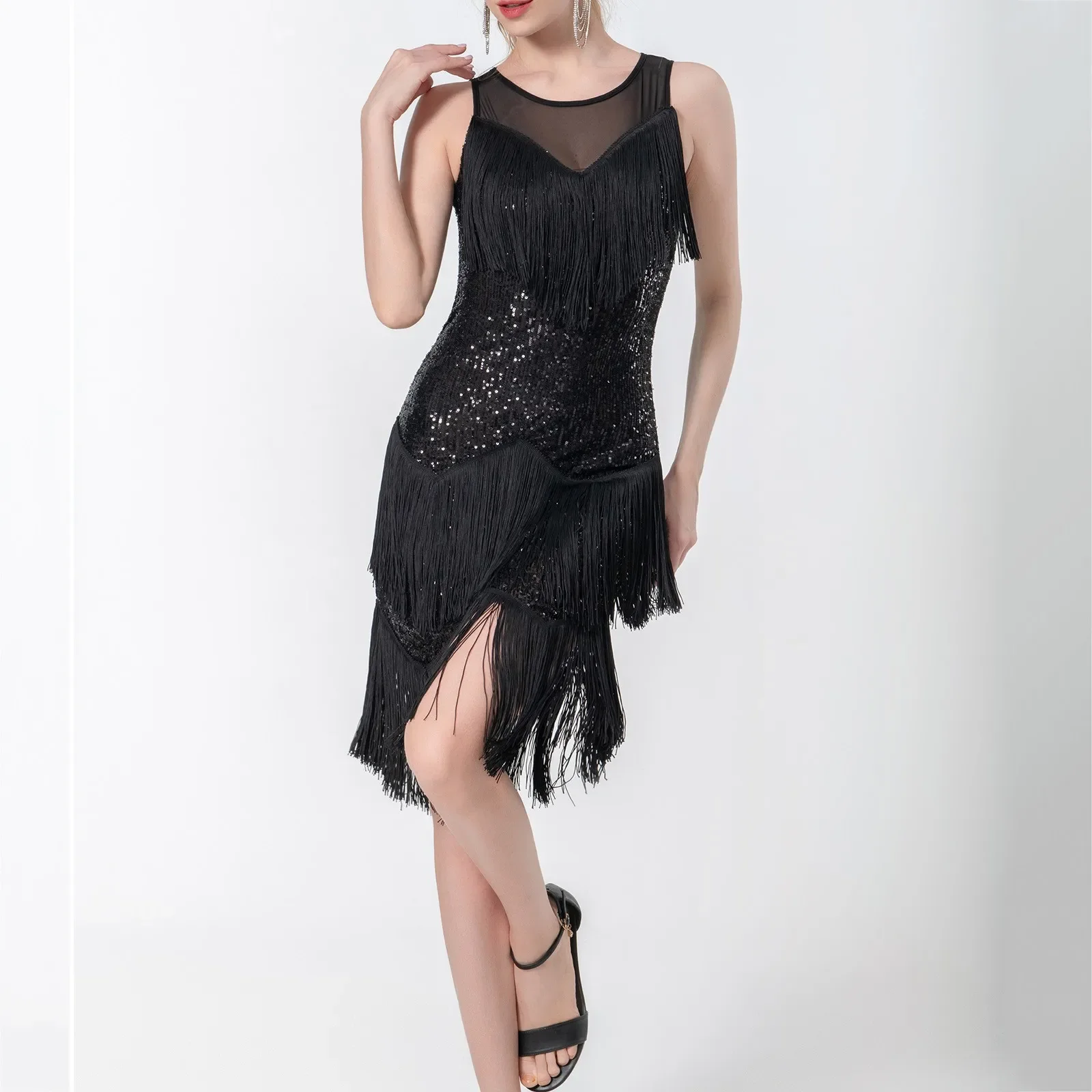 Sequins Fringe Dress For Women Sexy Latin Dance Dress 1920s Gatsby Cocktail Salsa Tango Cha Cha Rumba Stage Performance Costume