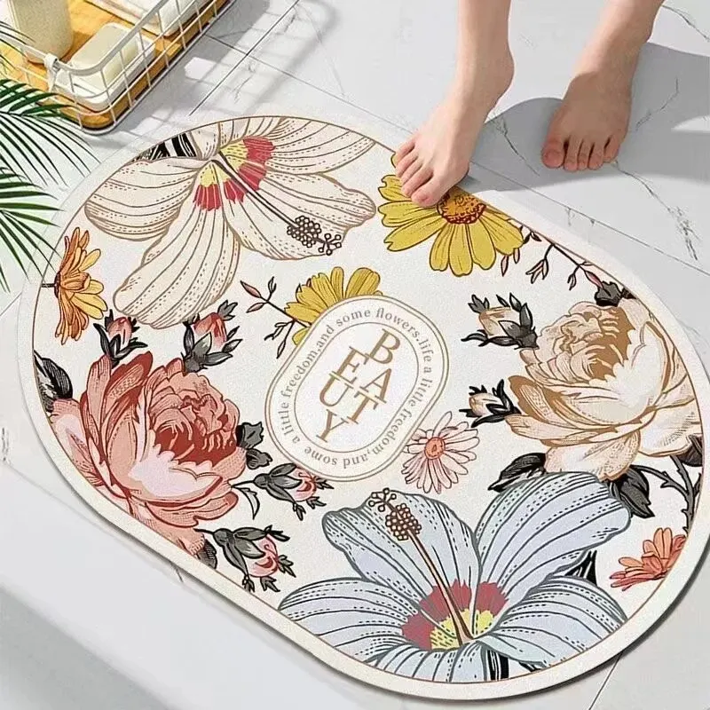 VIKAMA 40X60CM Oval Crystal Velvet Carpet Garden Flower Style Bathroom Toilet Living Room Room Door Non-Slip Mat