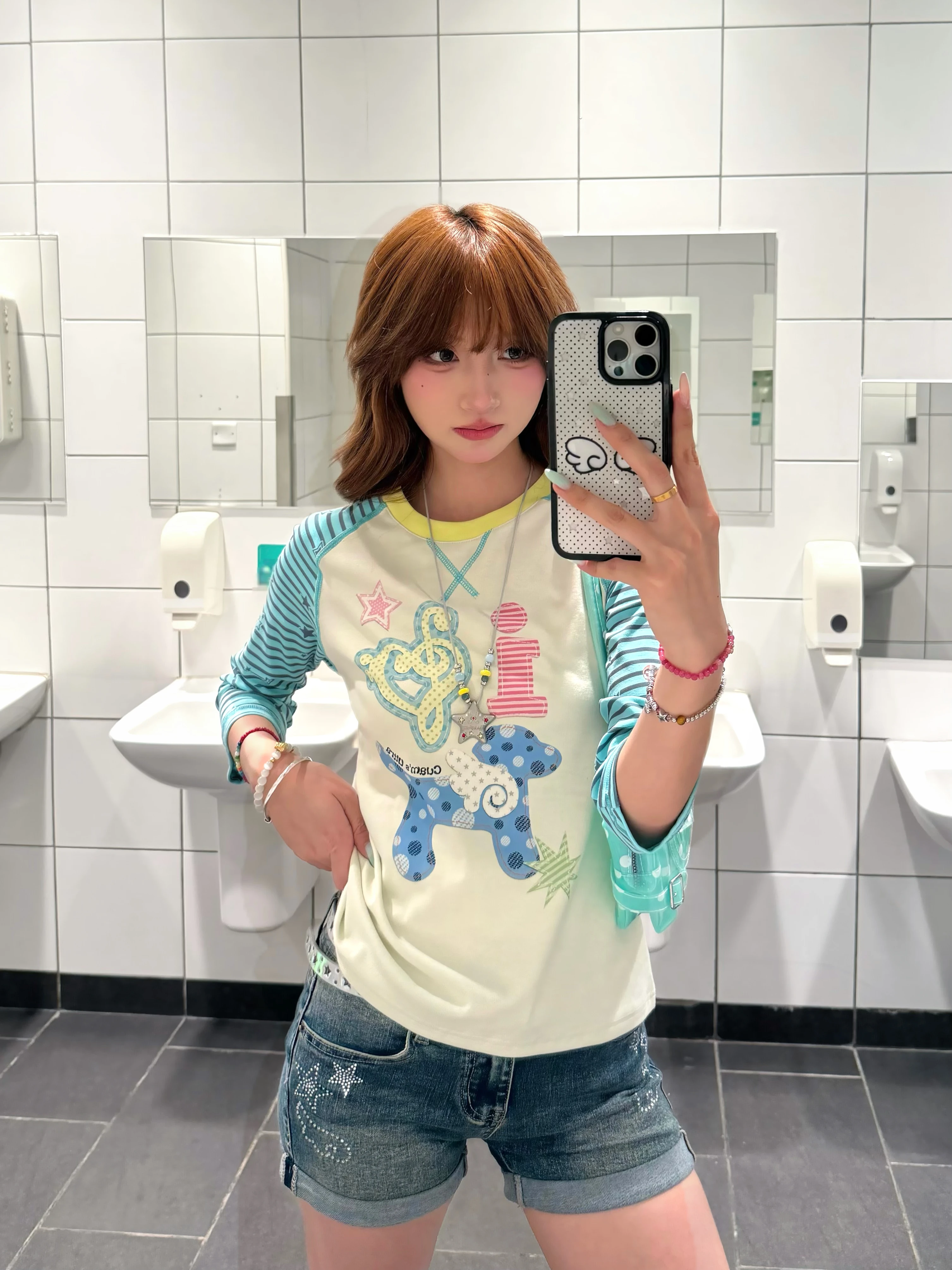 BeOurRule Retro Dopaamine Star Color Block Striped Half Sleeve T-Shirt Women Slim Fit Shoulder Insert Top Casual Cotton Polye...