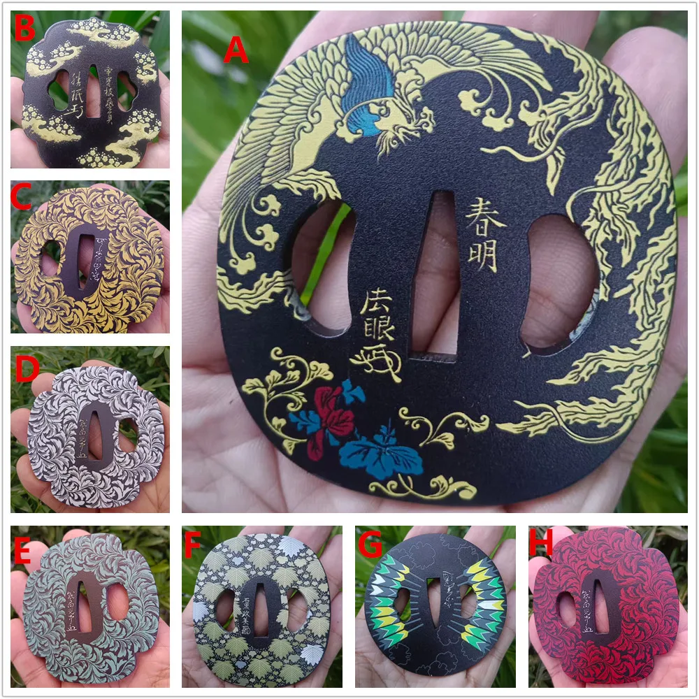 

Окрашенная стальная цуба (защита для рук) для японских мечей, самурайских катан и вакидзаси.