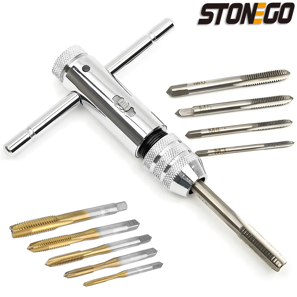 STONEGO T-Handle Ratchet Faucet Holder Adjustable Silver Wrench with 5pcs M3-M8 Metric Machine Screw Thread T-Shaped Plug