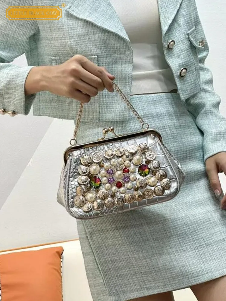 

Elegant Lady Vintage Fashion Buckle Beading Clutch Bags Chain Small Single Shoulder Underarm Crossbody Handbag Designer Women