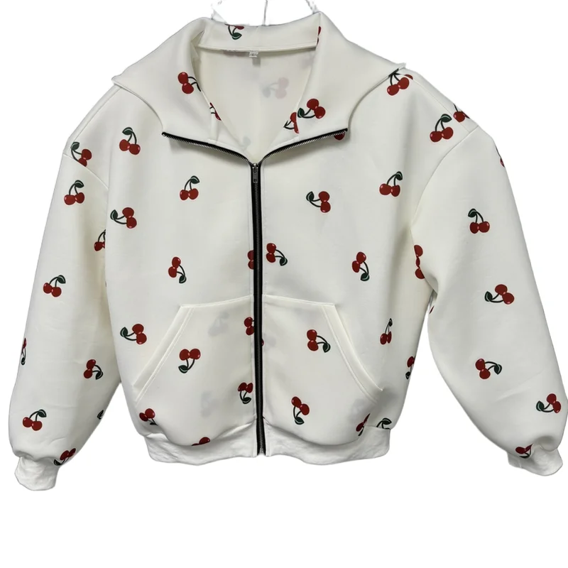 Autumn Cherry Pattern Printed Women Hoodie Sweatshirts Loose Fit Outdoor Sports Jacket Coat Advanced Fabric 24-hour Shipping