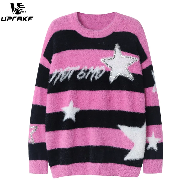 UPRAKF Striped Star Graphic Sweater Loose O Neck Autumn Oversize Harajuku Casual Trendy Fashion High Quality Warm