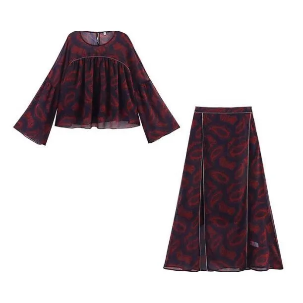 

2025 Women's Paisley - Print Blouse and Skirt Set Coordinated Design with Flared Sleeves and Side Stripes