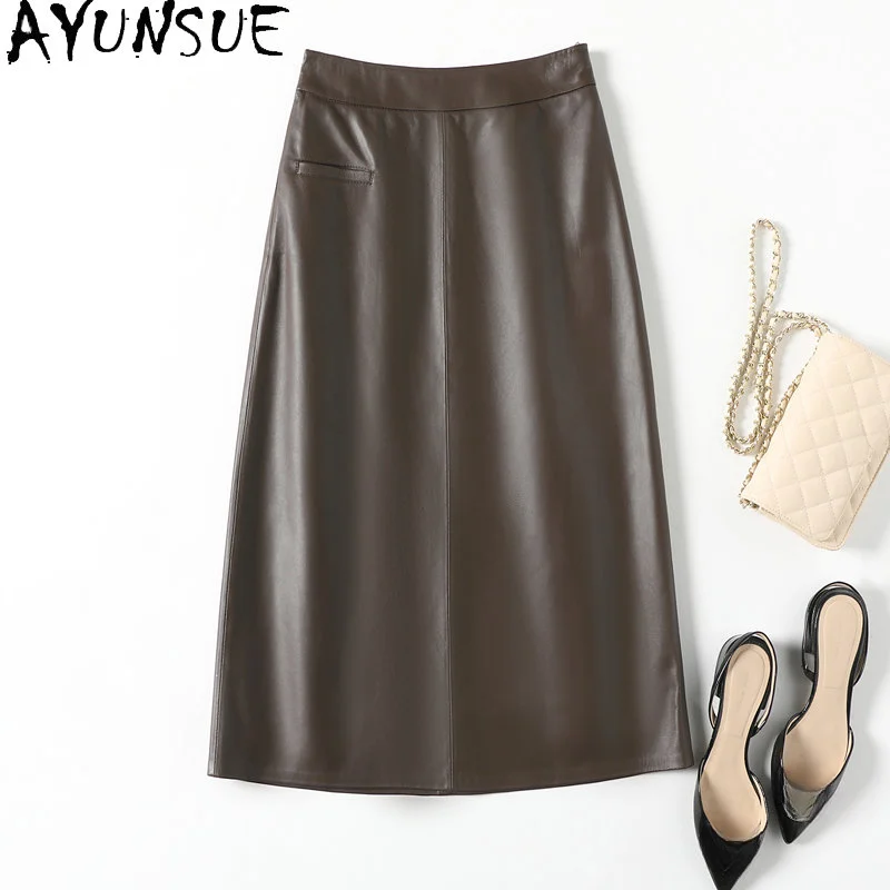 

AYUNSUE Genuine Sheepskin Leather Skirt Women Mid-length A Line Skirt Korean Style Soft Black Skirts Vintage Skirt Streetwear