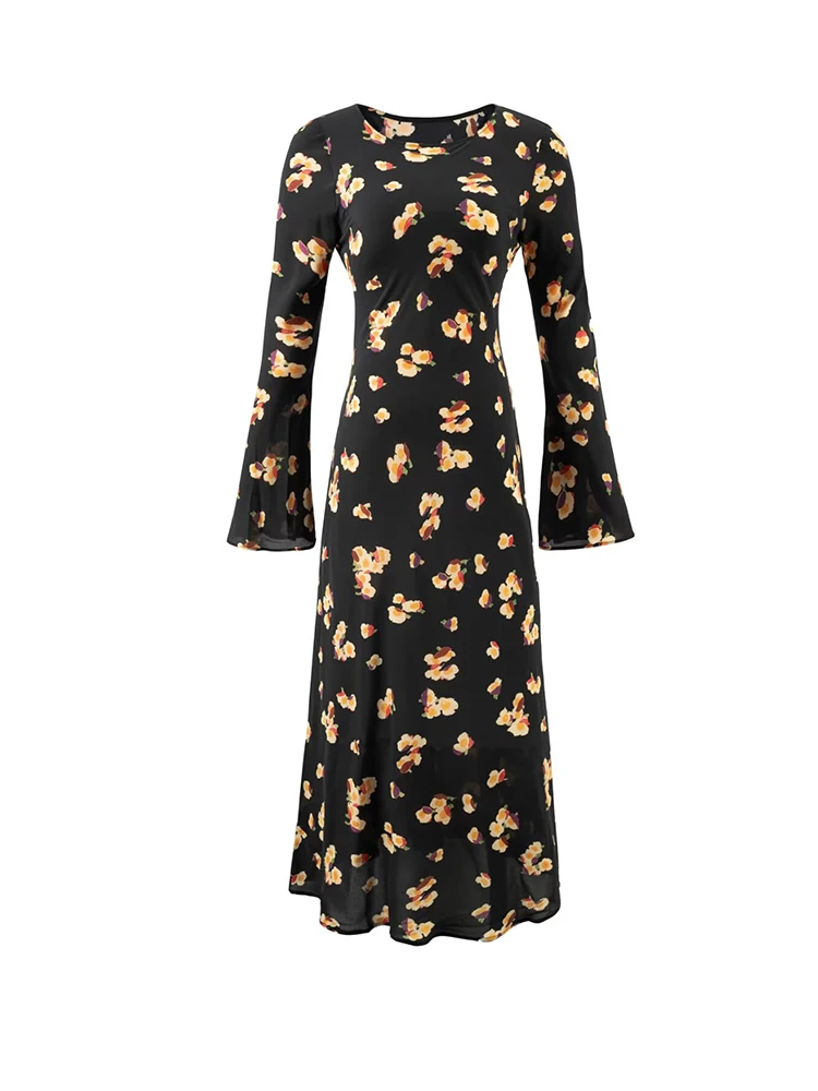 Vestido largo con estampado floral y manga acampanada para mujer, vestidos largos ajustados con cuello redondo y rayas de cebra para otoño