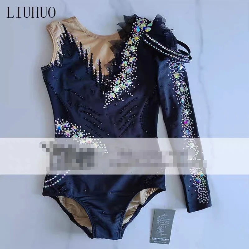 LIUHUO Customized Rhythmic Gymnastics Leotards Girls Women Black Handmade Rhinestone Dance Wear Competition Unitards