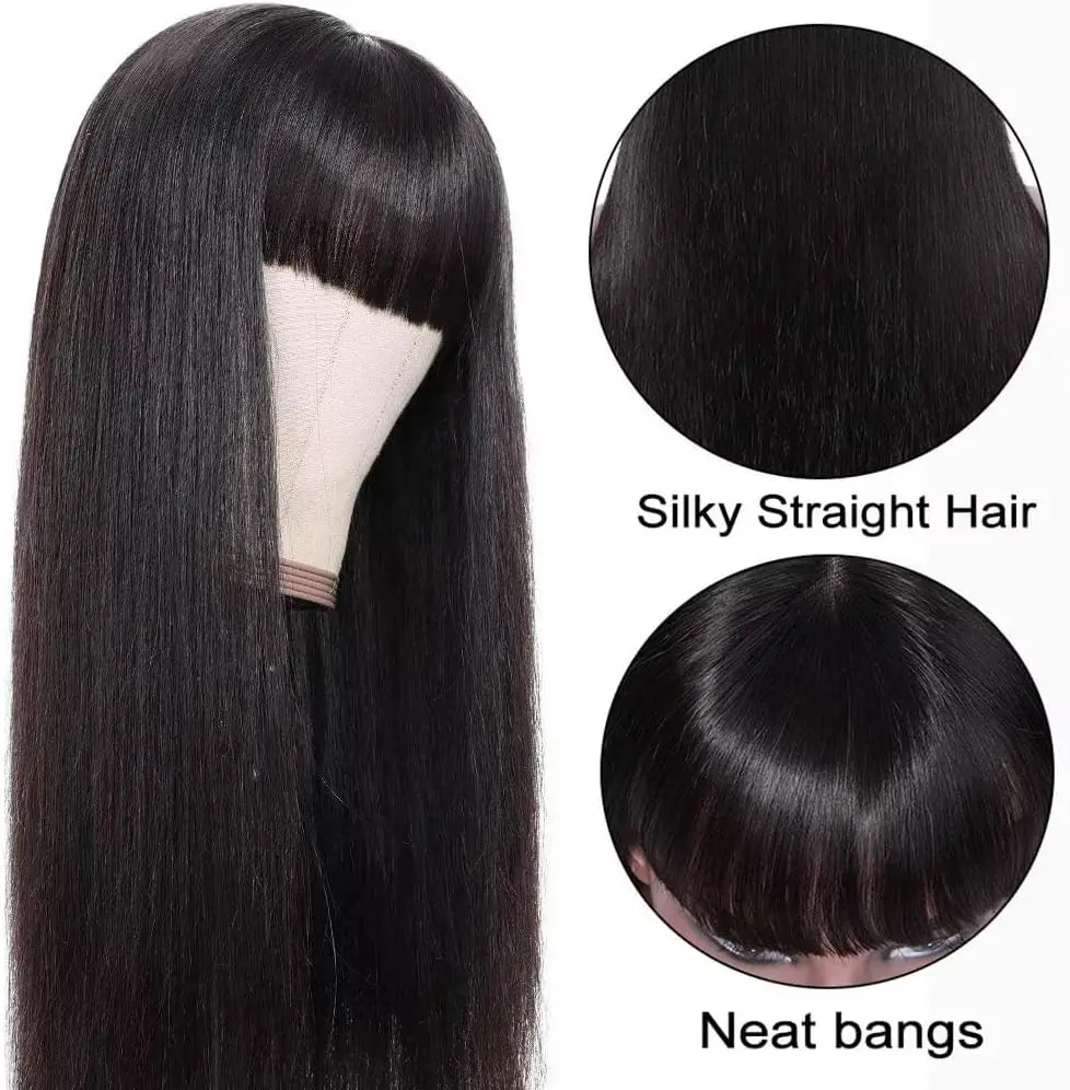 Straight Bang Peruca de Cabelo Humano para Mulheres Peruca de Cabelo Humano Virgem Brasileira com Bangs Full Machine Made Glueless Wig com Franja