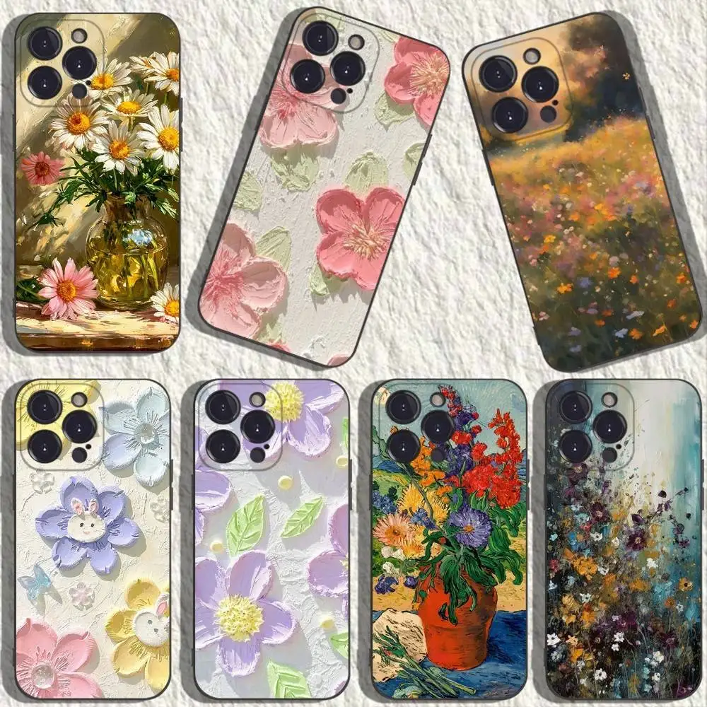 

retro oil painting flower Phone Case For iPhone 16,15,14,13,12,11 Plus,Pro Max,XS,X,XR,SE,Mini,8,7,Soft Silicone Black Cover
