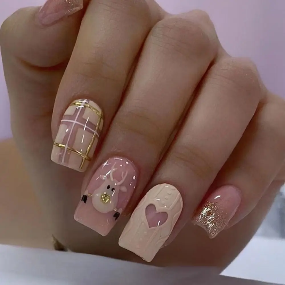 Fashion Long Square False Nails Aurora French French Press on Nails Detachable White Love Heart Nail Tips DIY