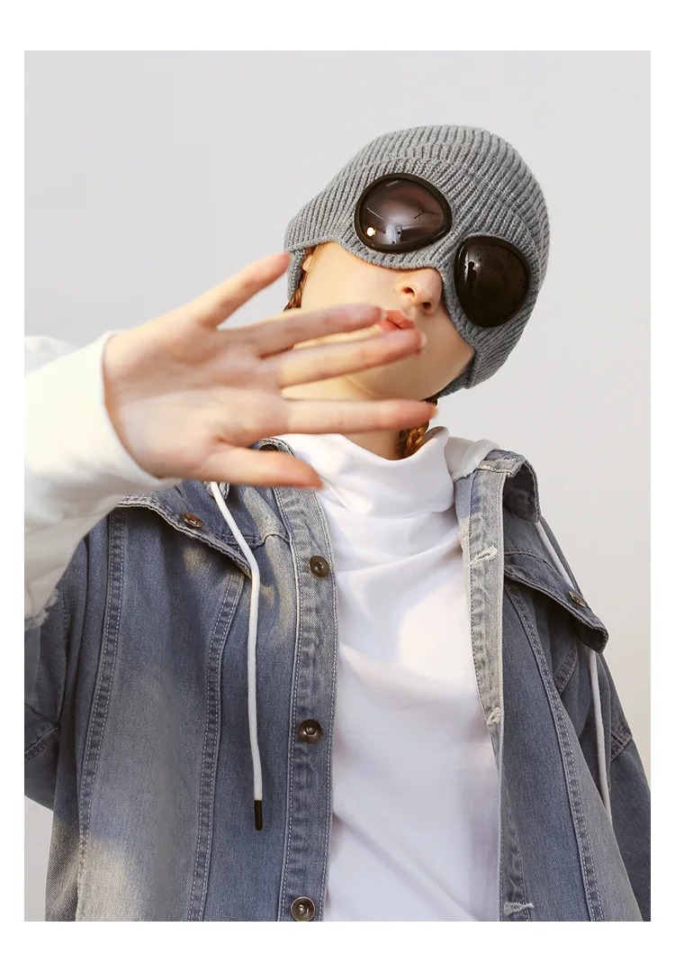 Panama Caps Strickmütze aus Wolle für Herren und Damen, Studenten-Kältemütze, Pilotenbrille, Plüschmütze, modische Outdoor-Wärmemütze H148 – Detail 1