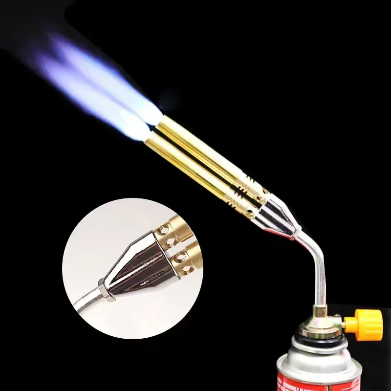 Double Tube Welding Gas Torch Flame Gun Butane Burner Outdoor Camping Lighter Flamethrower Welding Equipment Kitchen Ignition