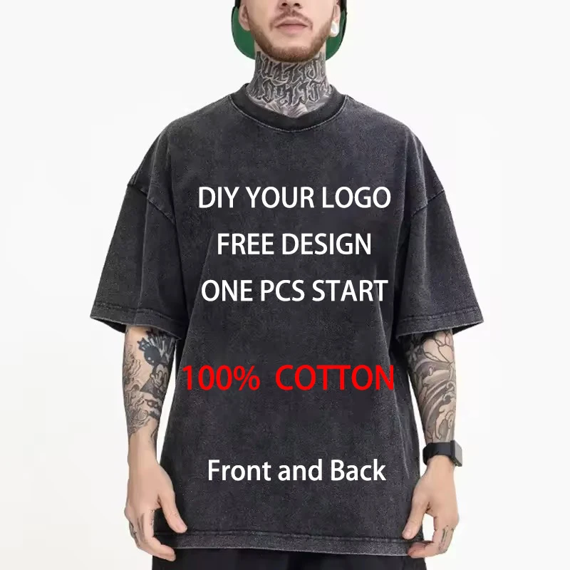 Custom Your LOGO Hip Hop Streetwear Men Summer 100% Cotton T-shirts Oversized DIY Personalized Retro Washed Short Sleeves Tops