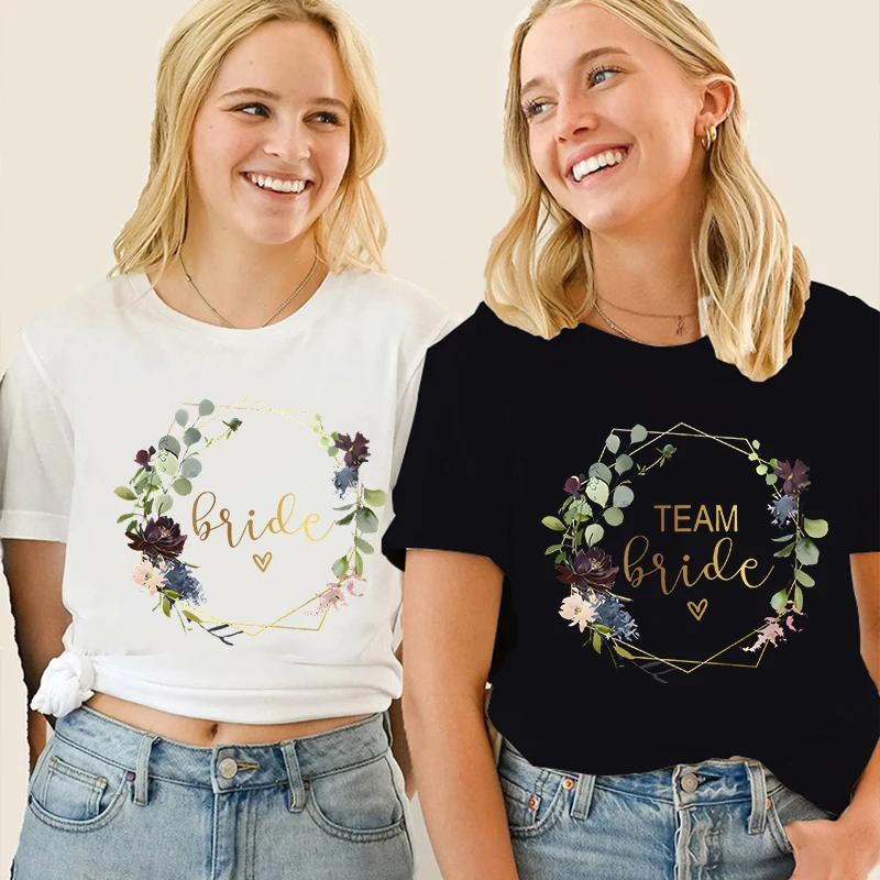 

Fashion Wreath Graphic Team Bride Tops Bachelorette Hen Blouses Bridal Wedding Party T-shirt Short Sleeved Tees Women Clothing