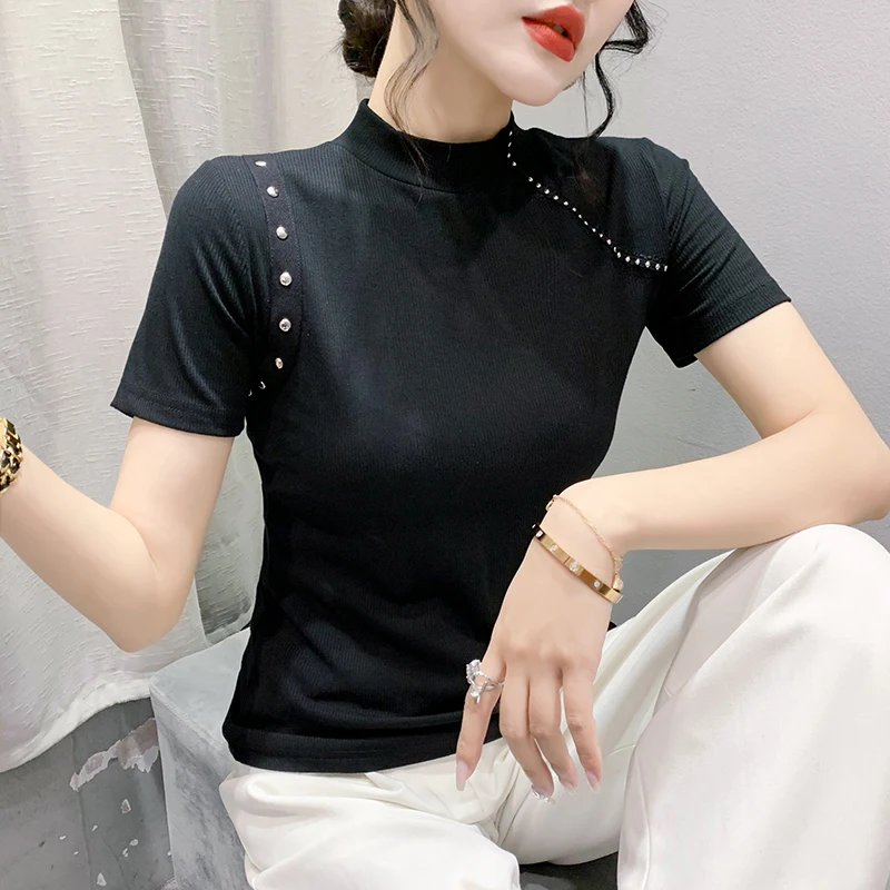 

Black Summer Korean Style T-Shirt Fashion Sexy Mock Turtleneck Shiny Rivet Women's Tops Short Sleeve Elastic Tees 2024 New 44283