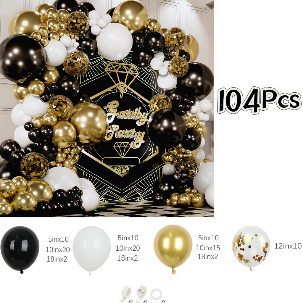 104Pcs Black and White Metallic Gold Latex Balloons Garland Arch Kit Gold Confetti Balloons for Baby Birthday Party Decorations