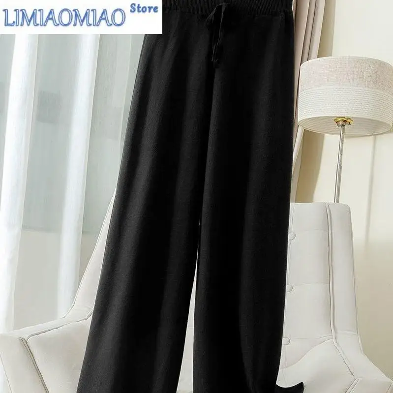 New Autumn and Winter Knitted Warm Nine-minute Pants Women's Wide Leg Pants Thick High Waist Loose Straight Long Pants