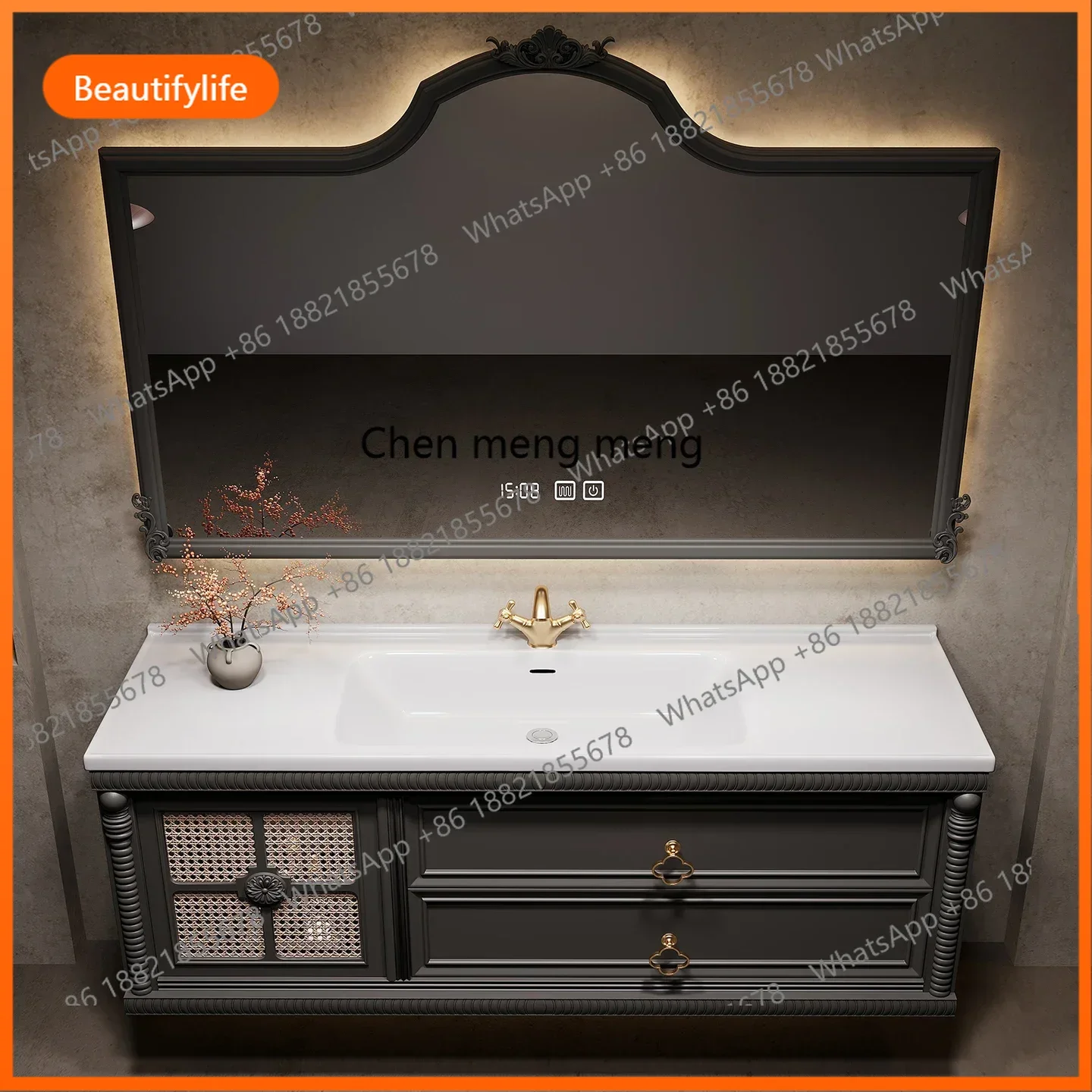 Rattan French retro bathroom cabinet ceramic integrated basin combination hand wash table bathroom