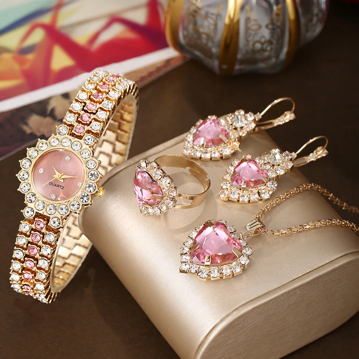 1/4pcs Set Women Watches Heart Rhinestone Ring Necklace Earring Jewelry Set Luxury Small Flowers Dial Wristwatch Jewelry Gift