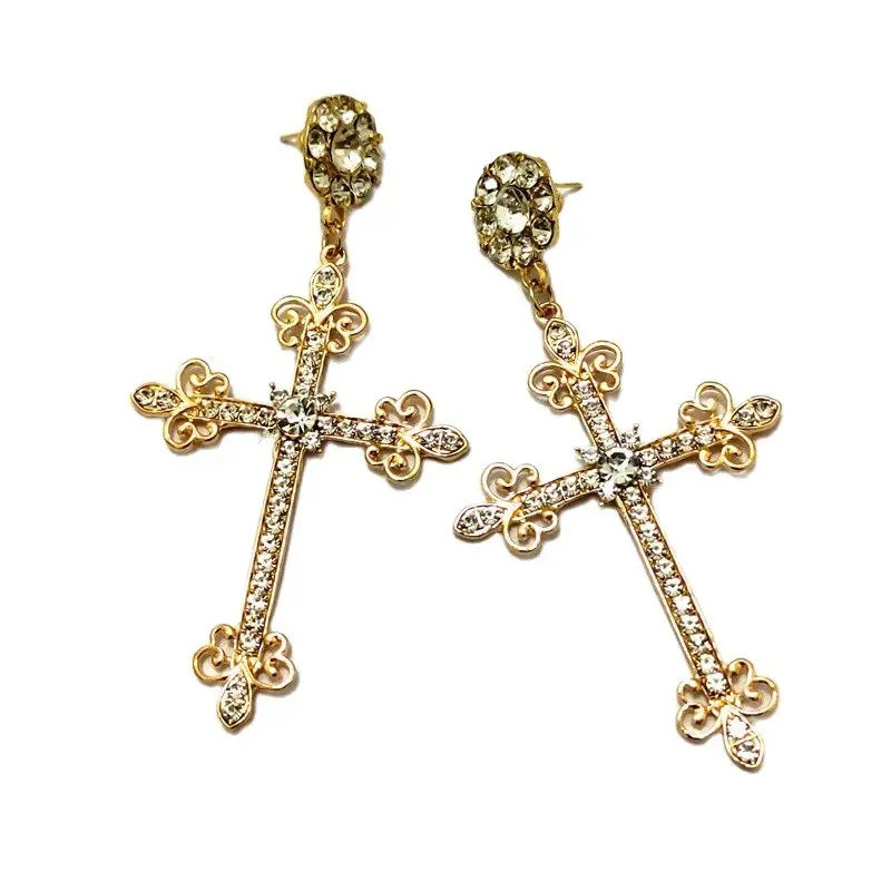 KUGUYS Showily Cross Dangle Earring for Women Drop Metal Crystals Gold Color Long Religious Classic Jewelry Vintage Accessories