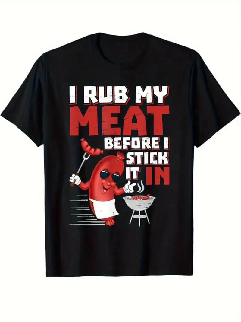 

Men's Cotton Graphic T-Shirt with Funny BBQ Slogan & Cartoon Design - Black Crew