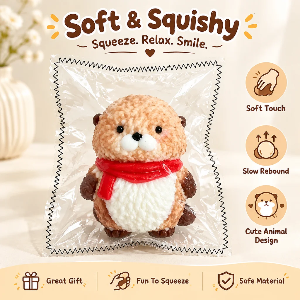 1. Food Grade Silicone Squeeze Toy Cute Brown Sea Otter Squishy Toy With Red Scarf Stress Relief Fidget Toy With Bell Keychain