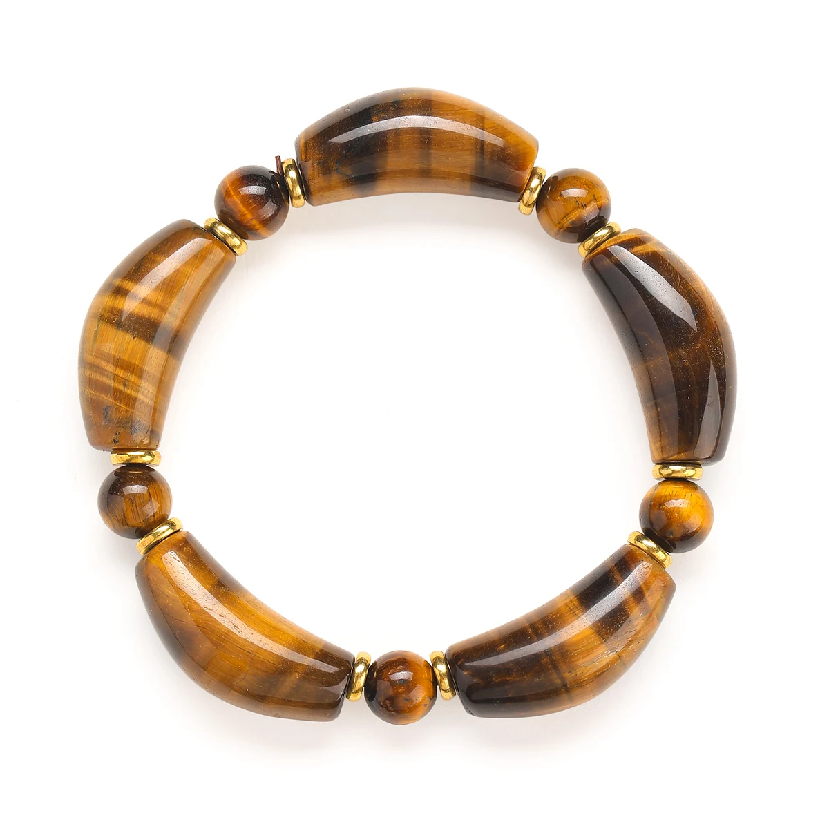Natural Yellow Tiger Eye Curved Tube Beads Bracelet Brass Spacer Round Beaded Stretch Bracelets for Men Women Boho Jewelry