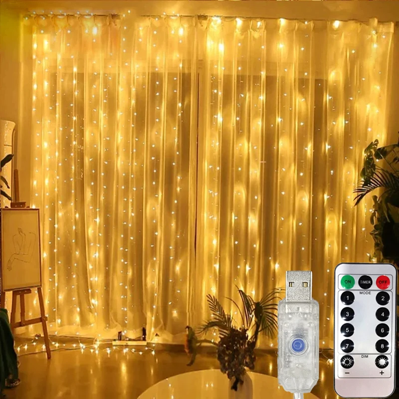 LED Curtain String Lights Christmas Garland Decor Fairy Light 8 Modes USB Remote Control Wedding Holiday Party for Bedroom Home