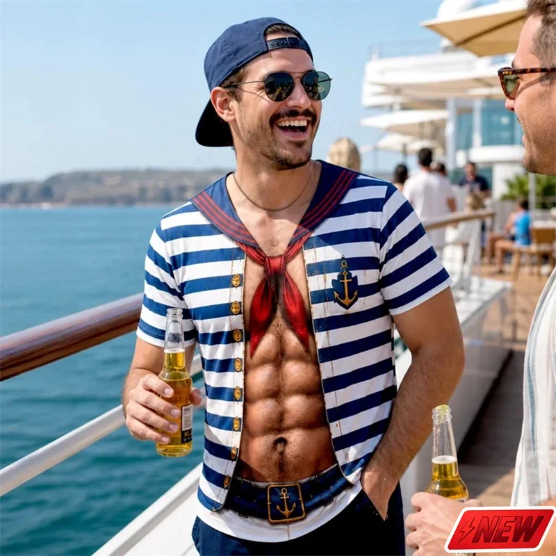 Kreatives, lustiges T-Shirt für Herren – Matrosenuniform, Piratenschädel, Schiff, Anker, 3D-Druck, große Größe, kurzärmelig – Kostüm-Party-Oberteil – Detail 28