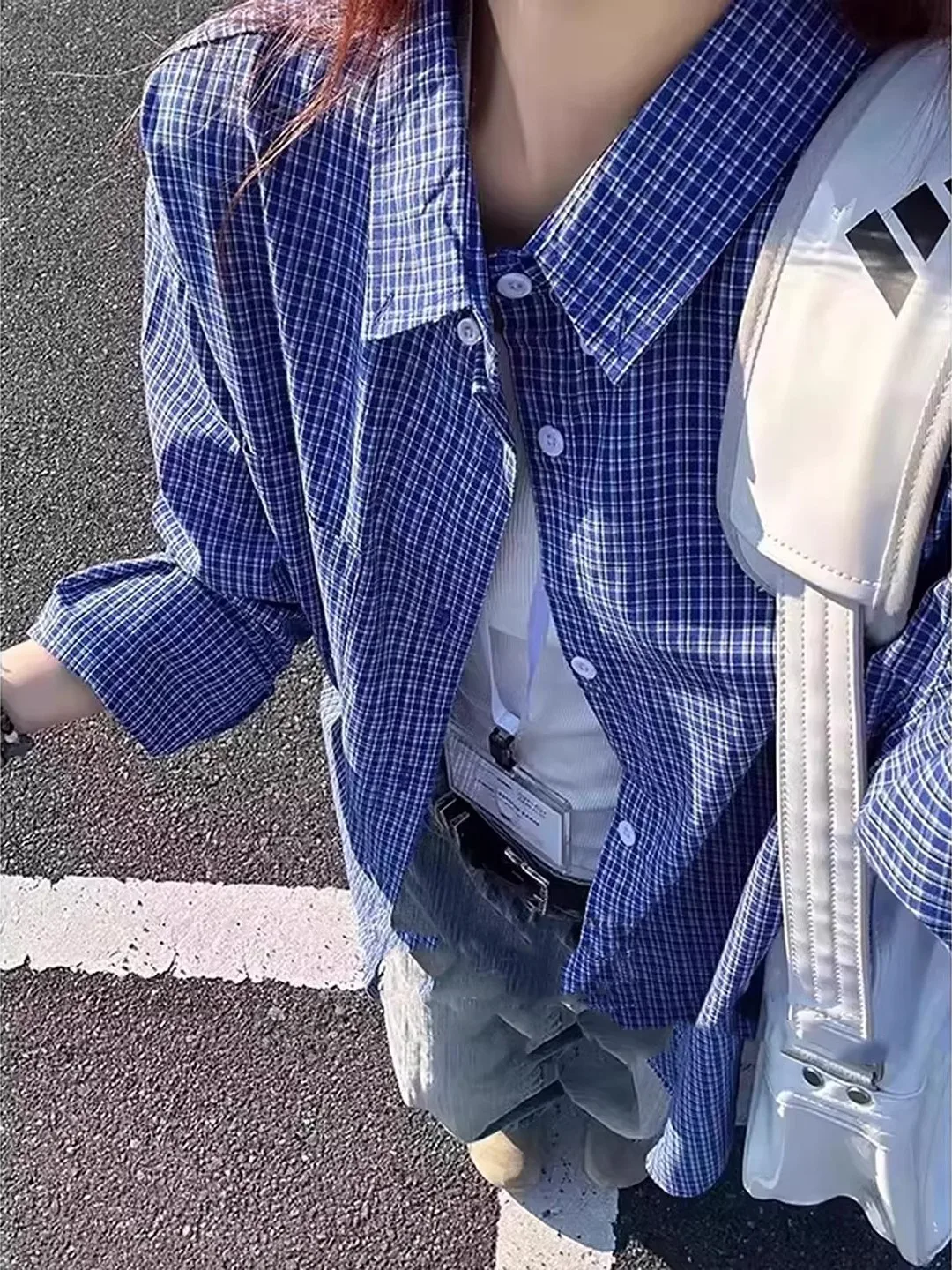 

Blue Cool Plaid Long Sleeve Shirt Men's Spring American Couple's Striped Casual Fashion Sunscreen Outerwear Polyester Fiber