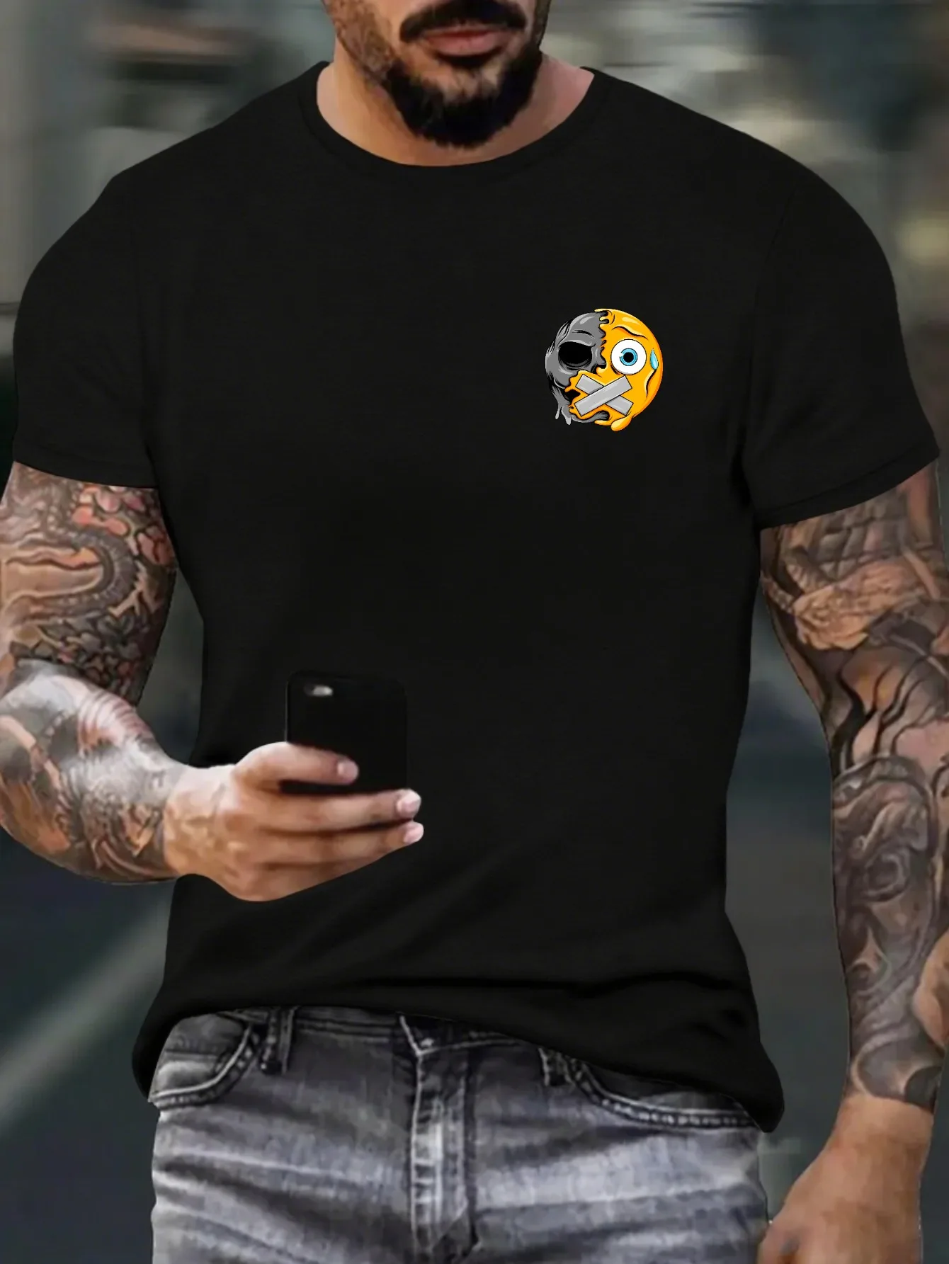 

Retro American Flag Skull Graphic T-Shirt for Men, Patriotic Gothic Short Sleeve Tee, Skull Flag Print Tops