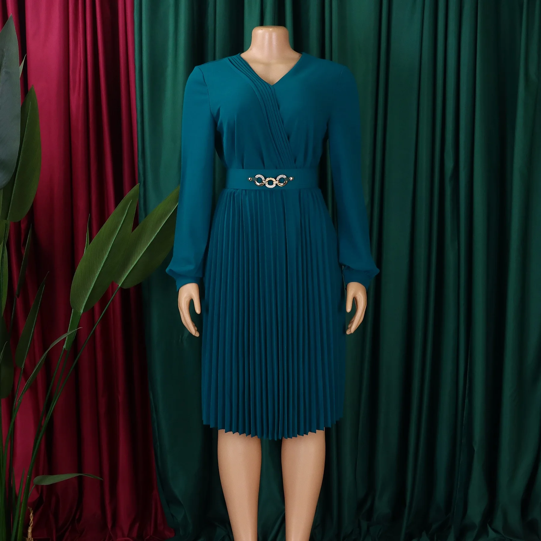 فساتين أنيقة للسيدات للمكتب 2026 جديدة بياقة على شكل V وأكمام طويلة وخصر عالي منتصف الساق ملابس عمل نسائية احترافية فستان ساخن #3